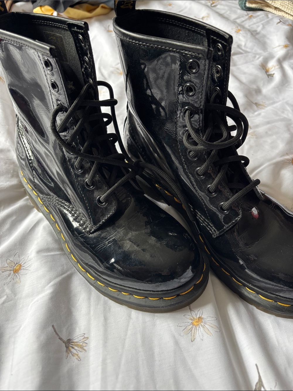 Dr. Martens Black Patent Leather Lace-Up Boots with Yellow Stitching - Picture 5 of 5